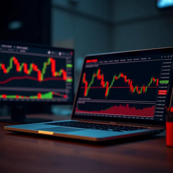 Analyzing Currency Market Trends with Trading Platforms Graph showing currency market trends alongside a laptop displaying forex trading platform