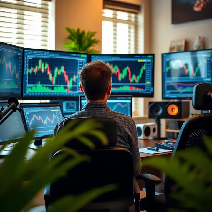 South African trader analyzing forex charts on multiple screens in a home office