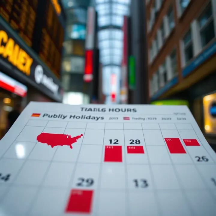 Calendar highlighting public holidays with trading hour changes