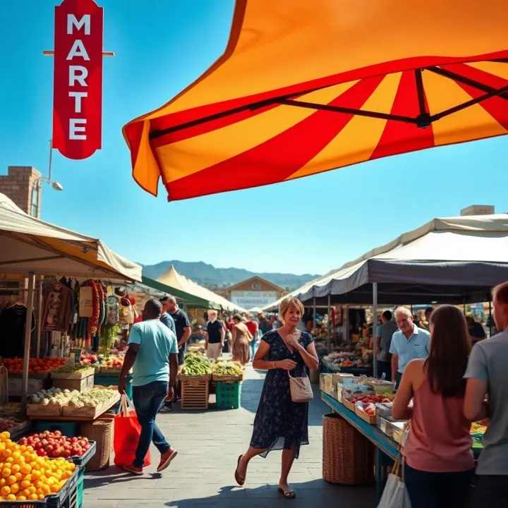 Bustling Market Stalls at Durbanville Market Colorful market stalls with fresh produce and artisanal goods at Durbanville Market under sunny skies