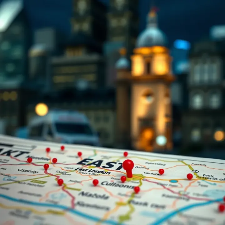 Map highlighting East London with indicators of forex market opportunities and local regulations