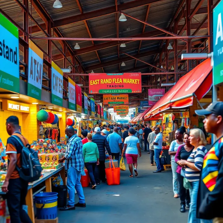 Colorful stalls and shoppers enjoying diverse products at a bustling flea market under bright daylight