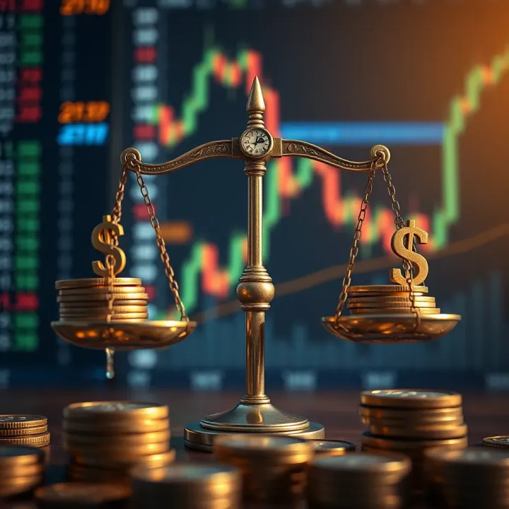 Conceptual illustration of risk management with balance scales and currency symbols