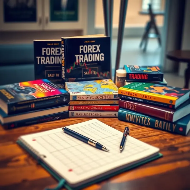 Collection of essential forex trading books spread out on a wooden table with a notebook and pen