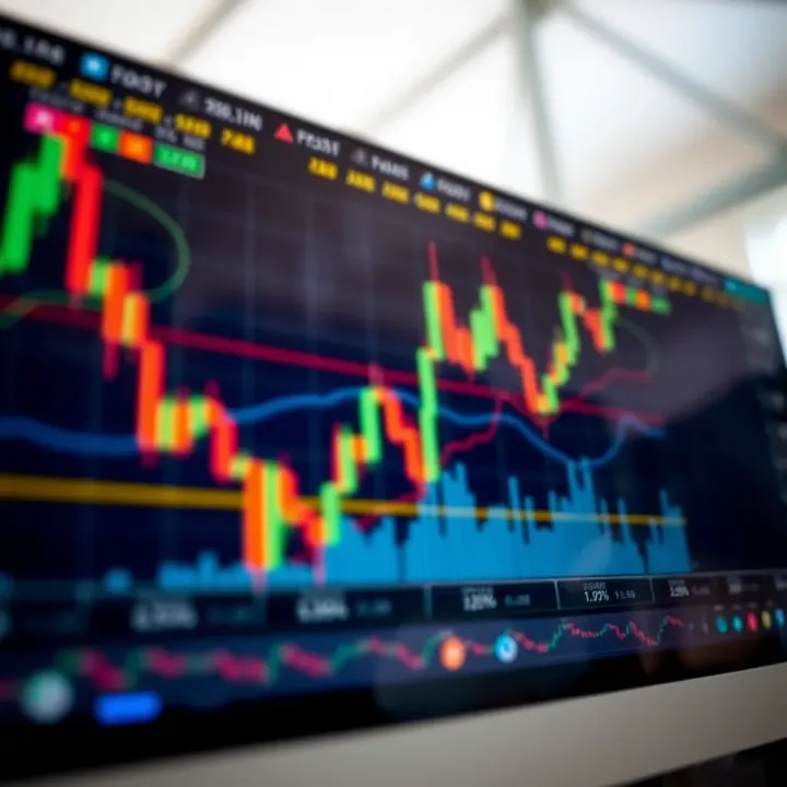 Graph showing forex market trends with candlestick patterns and technical indicators