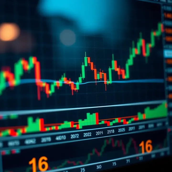 Graph showing forex market trends with candlestick patterns and currency symbols