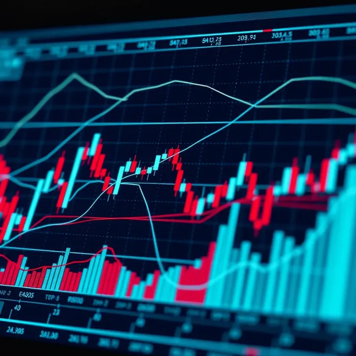 Illustration of common chart patterns including head and shoulders, triangles, and double tops on a stock market graph
