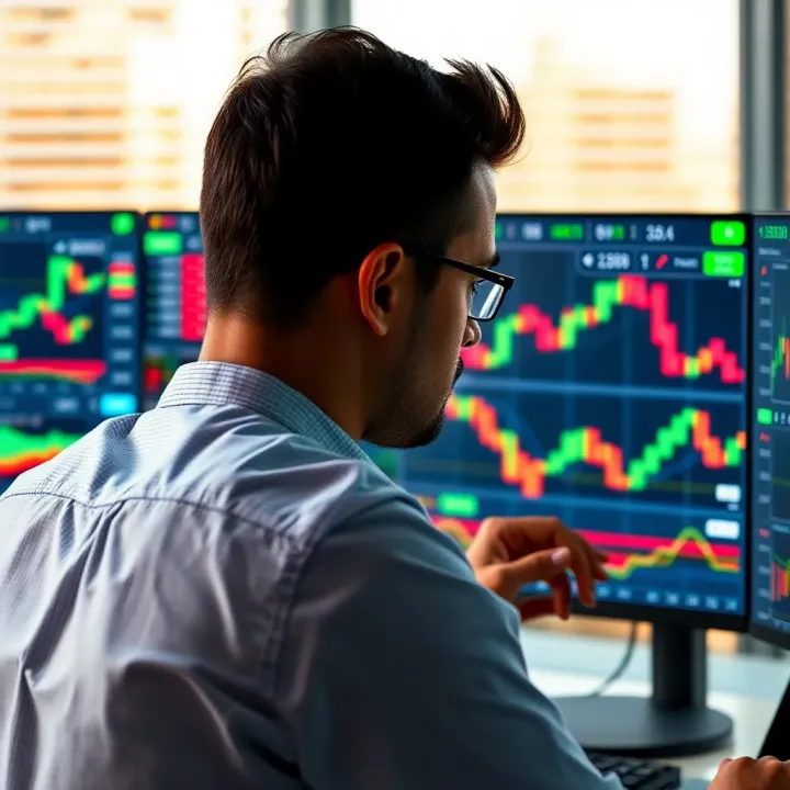 Illustration of a trader evaluating various sources of binary trading signals on a computer screen