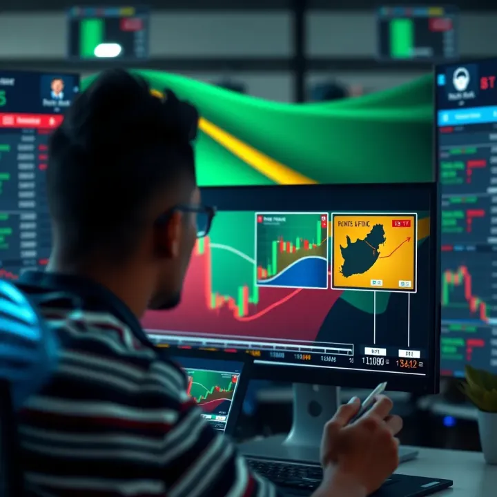 Conceptual graphic of a forex trader analyzing signal quality and market risks on a digital interface with a South African flag in the background