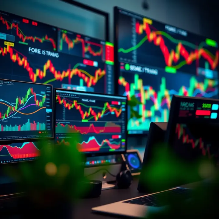 Forex Trading Workspace with Dynamic Chart Wallpaper Trading workspace featuring multiple monitors with forex charts and vibrant graphical forex wallpaper