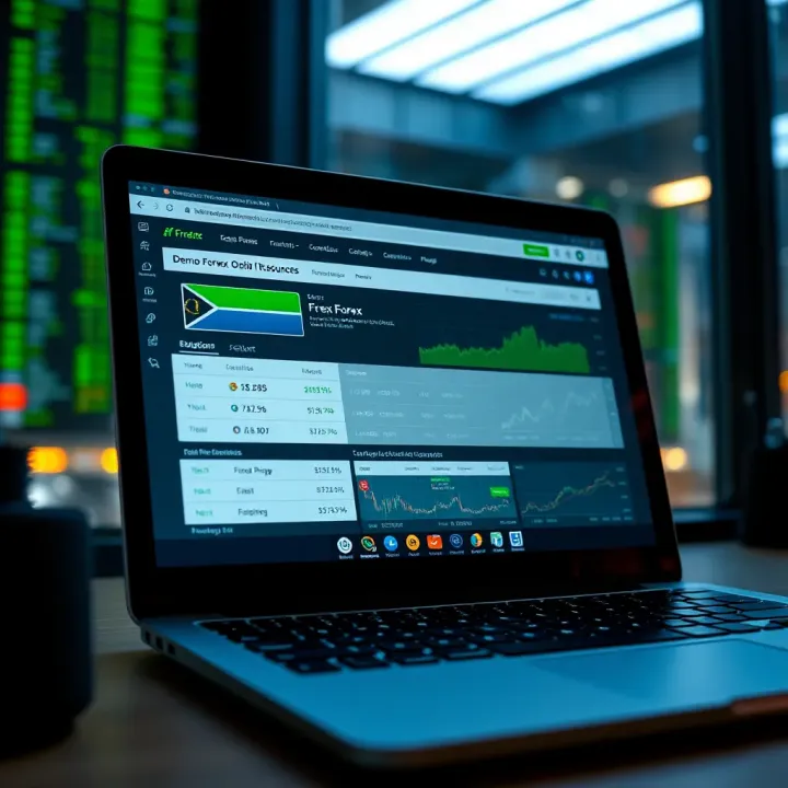 Demo Forex Trading Account Featuring Educational Tools Graphic of a laptop displaying a demo forex trading account with educational resources on the screen