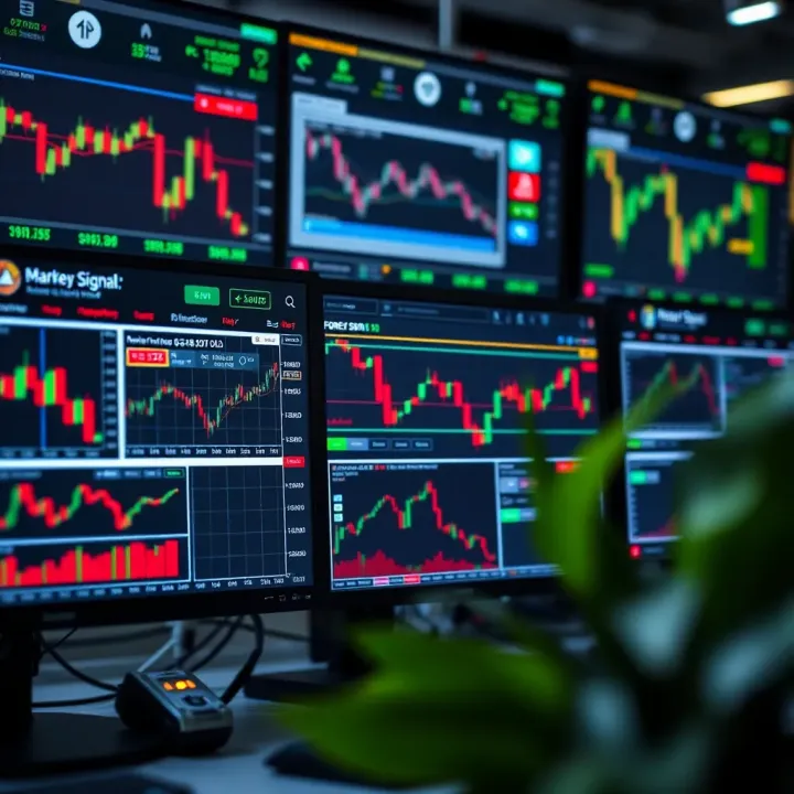Illustration showing various forex signal sources displayed on computer screens with financial charts and indicators