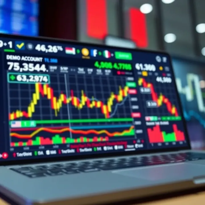 Forex trading platform showing a demo account dashboard with virtual balance and currency pairs