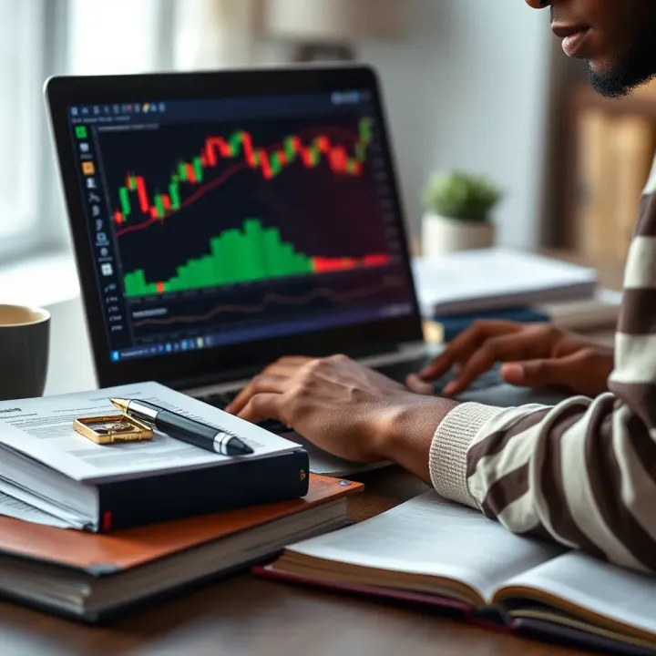 Combining Reading and Practical Tools for Forex Trading Success Close-up of a person studying forex market charts on a laptop with books and notes nearby