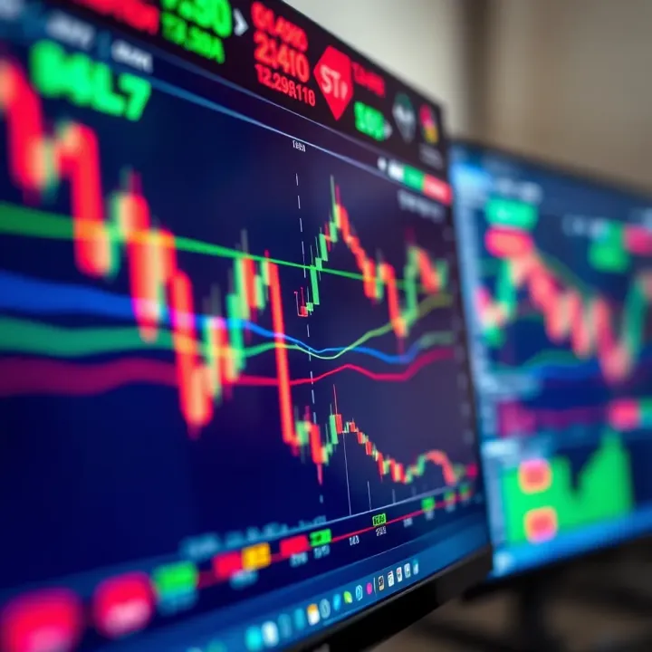 Close-up of computer screen showing forex charts and indicators for market analysis