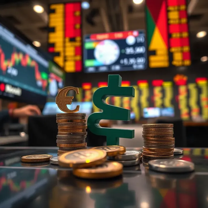 Illustration showing currency exchange symbols with South African flag elements in a financial market setting