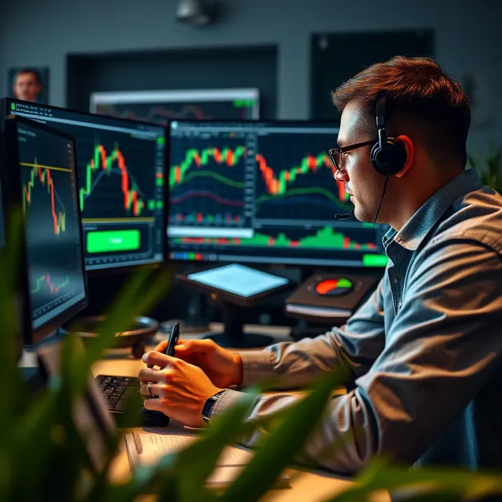 Forex trader analyzing currency charts on multiple screens with coaching notes