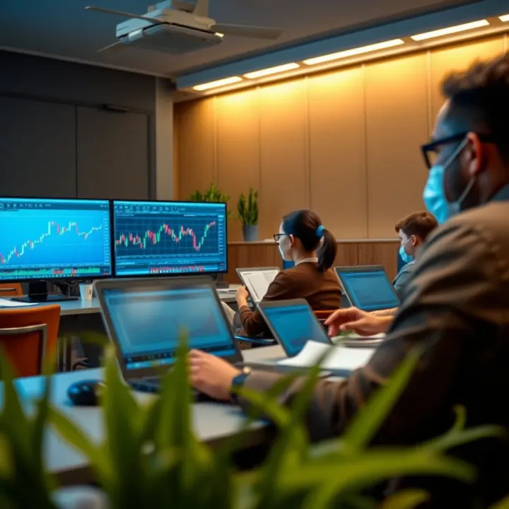 Classroom setting with students engaged in forex trading training using laptops and learning materials