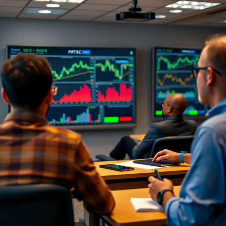 Classroom setting with charts and graphs explaining forex trading concepts to attentive learners