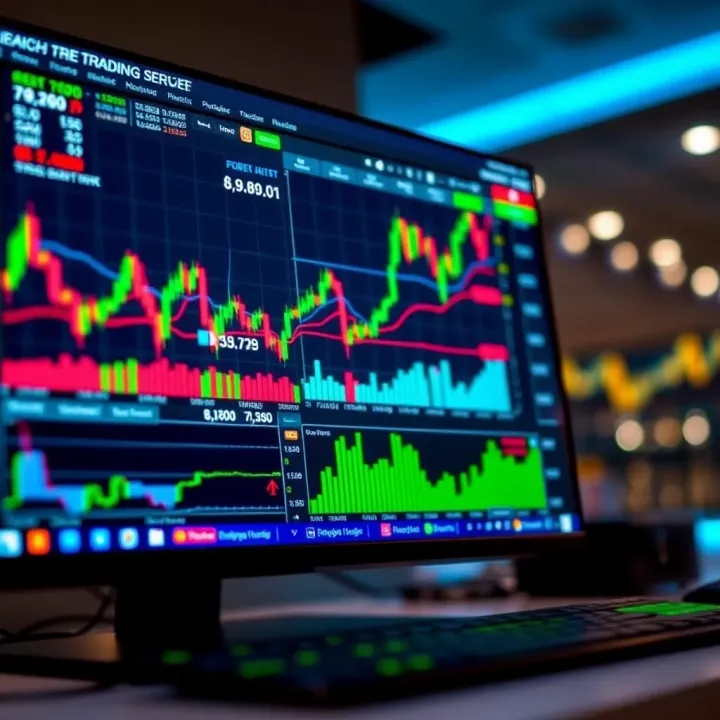 Close-up of a computer screen showing forex trading platform with charts and market data