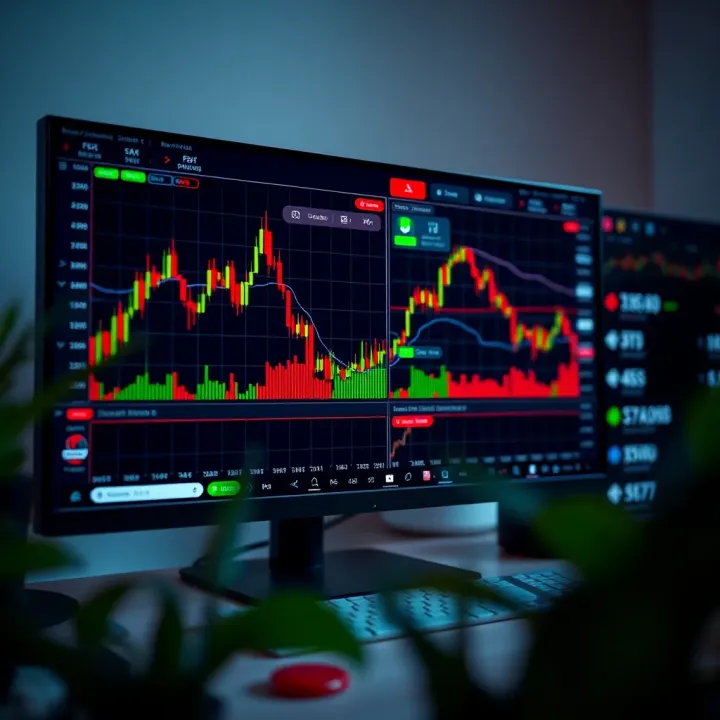Computer screen displaying forex trading platform with candlestick charts and market data