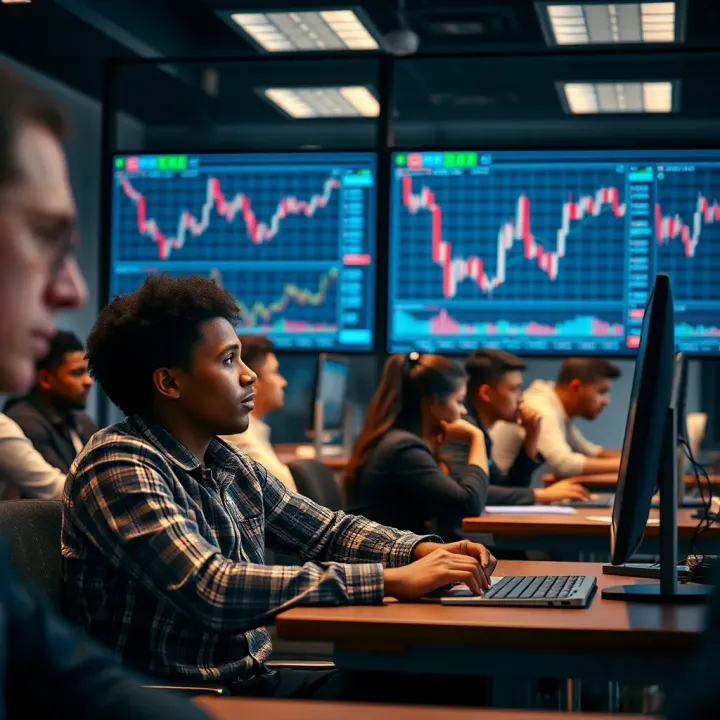 Classroom setting with learners attentively engaging in a forex trading course