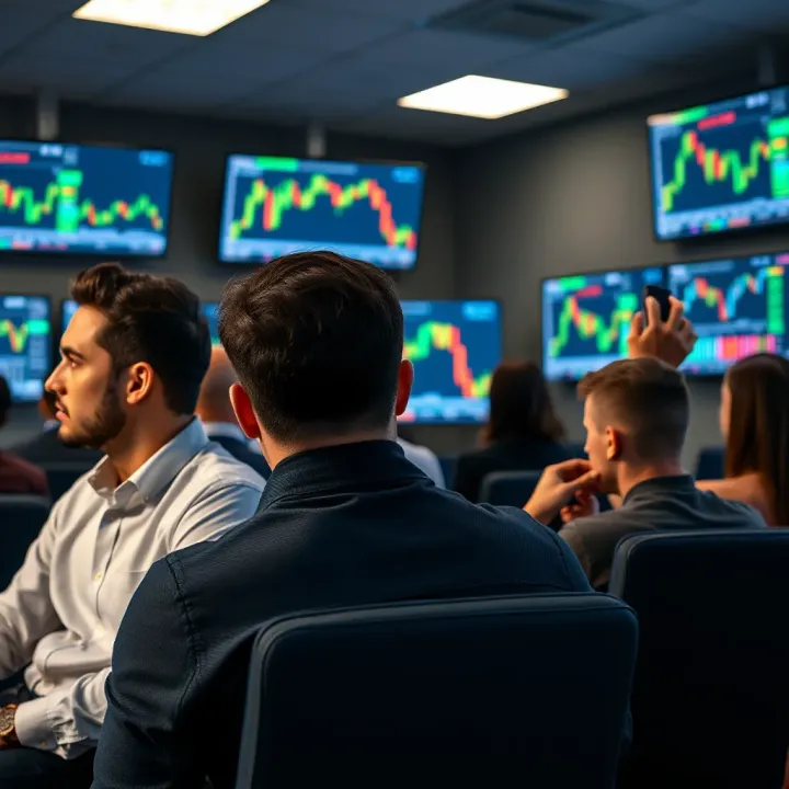 Group of forex traders attending a seminar with charts and graphs displayed on screens