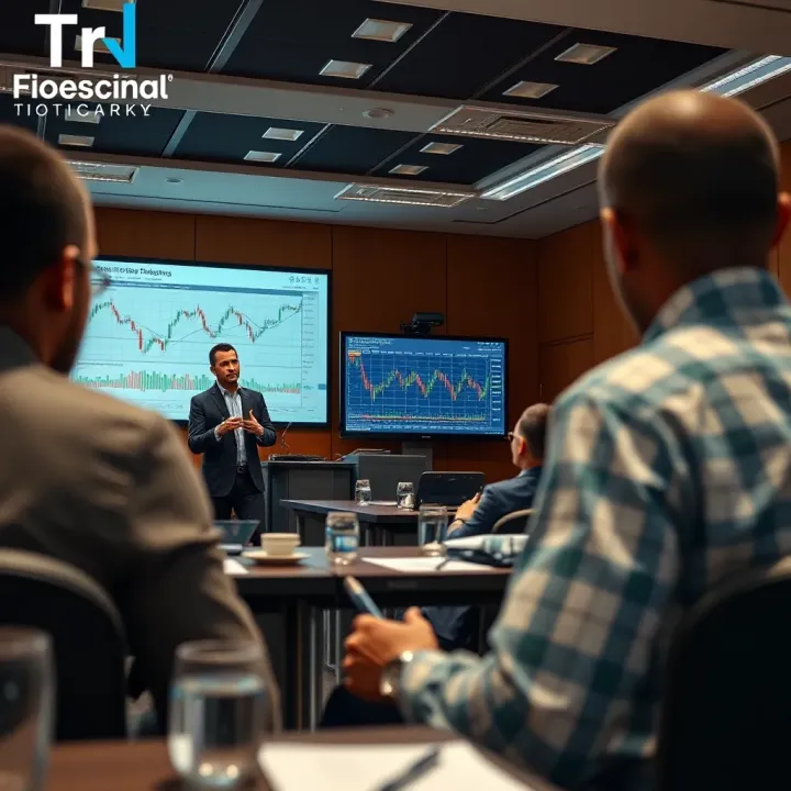 Instructor explaining forex trading strategies using digital presentation in a classroom setting