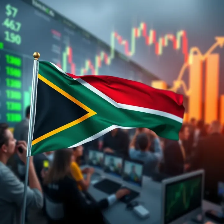 Forex Trading Opportunities for South African Traders Visual representation of South African flag merged with forex currency symbols and trading growth arrows