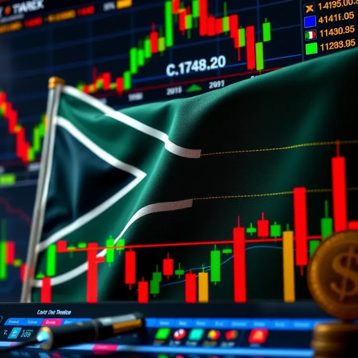 South African flag with forex market charts and currency symbols