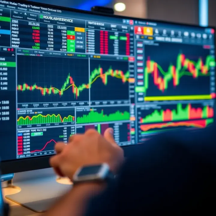 Illustration of a computer screen displaying various forex trading system options and charts