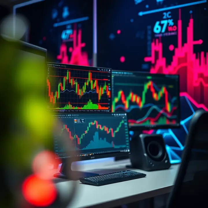 A modern trading workspace with dual monitors displaying forex charts and a vibrant motivational wallpaper enhancing focus