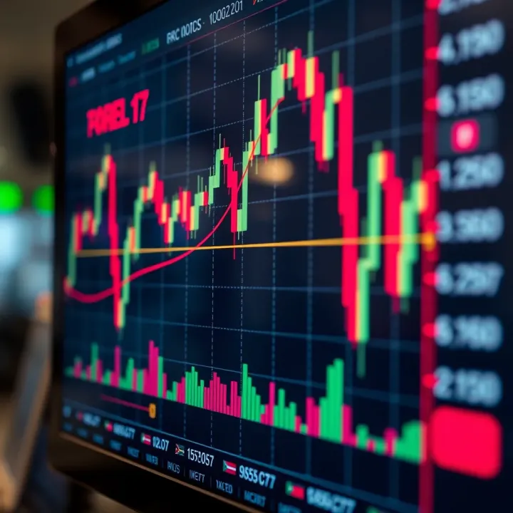 Chart displaying currency pair movements with highlighted trading signals on a digital screen