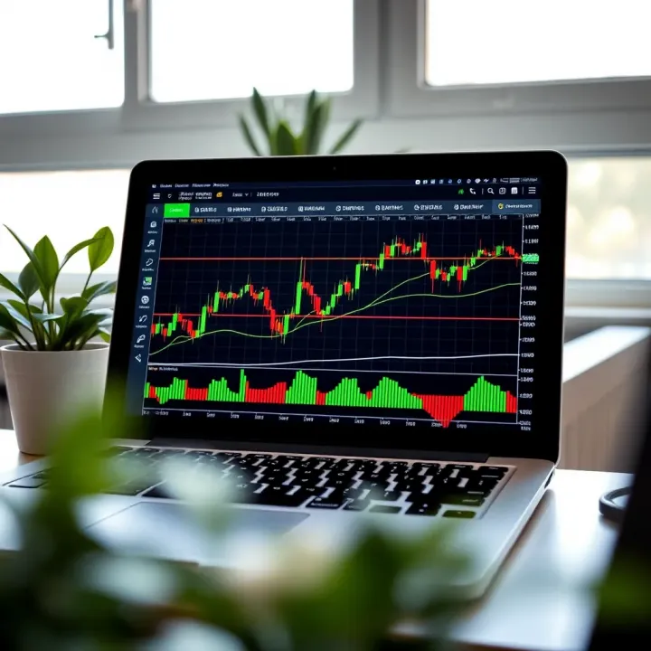 Interactive Forex Trading Platform with Real-Time Market Data Laptop screen displaying forex trading platform with candlestick charts and indicators