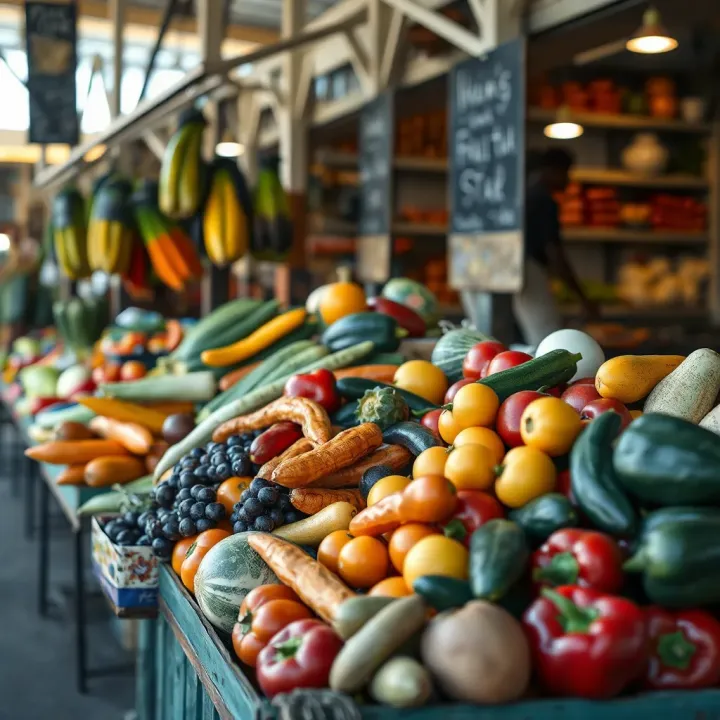 Fresh fruit and vegetables displayed at a park market stall in South Africa during trading hours