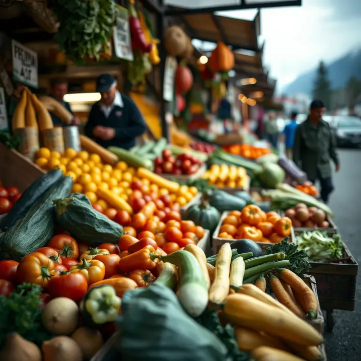 Fresh fruits and vegetables displayed at a bustling Montana market stall