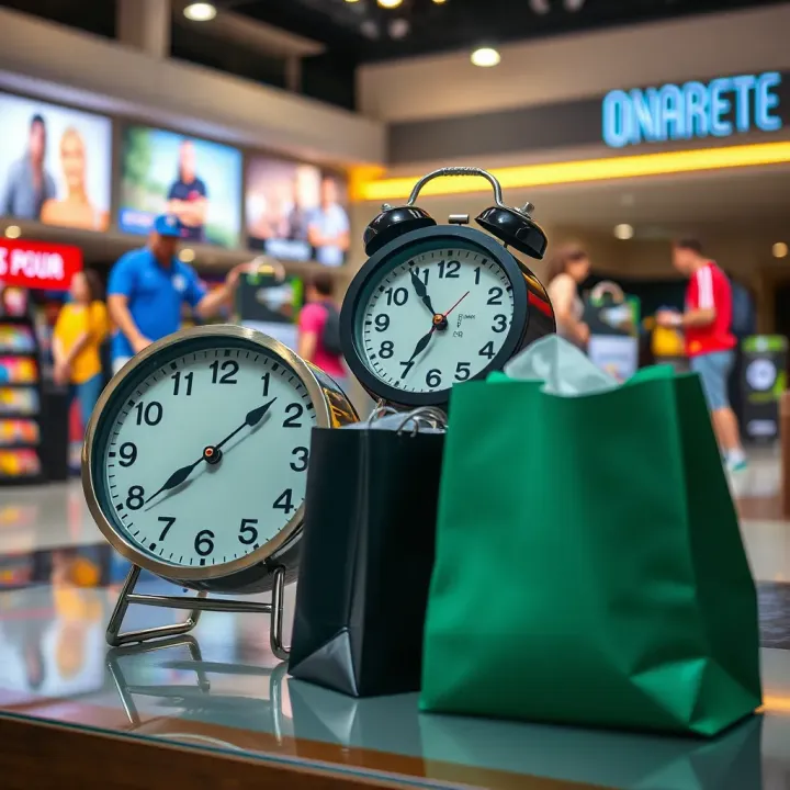 Planning Your Visit During Game Store Trading Hours Clock showing store hours alongside shopping bags representing visit planning at Game store