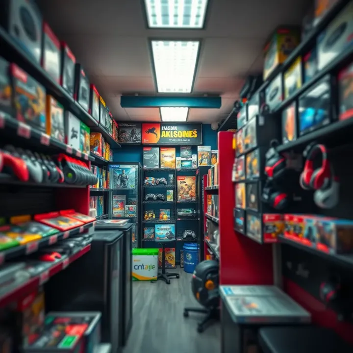 Interior of a game store showing shelves filled with various gaming products and accessories