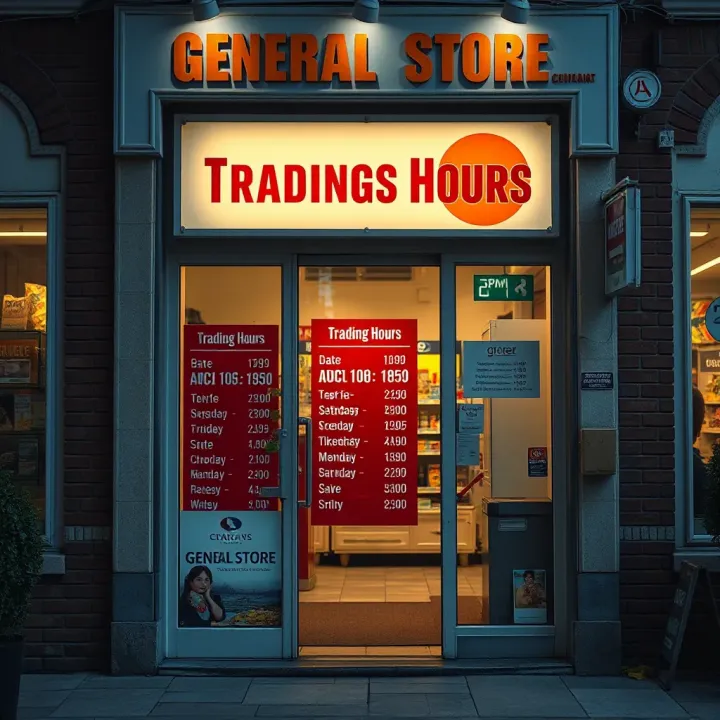 Entrance of a general store in Port Elizabeth with clear business hours displayed on the door
