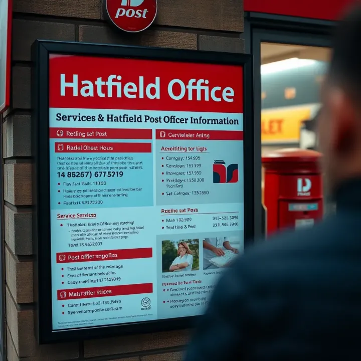 Notice board displaying contact information and services offered at Hatfield Post Office