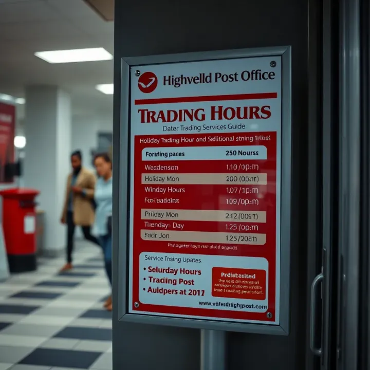 Holiday Trading Hours and Services Update at Highveld Post Office Notice board with updated information on holiday trading hours and additional services at the Highveld Post Office