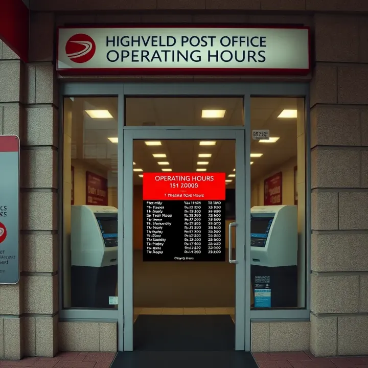 Front entrance of the Highveld Post Office showing its operational hours displayed on the door