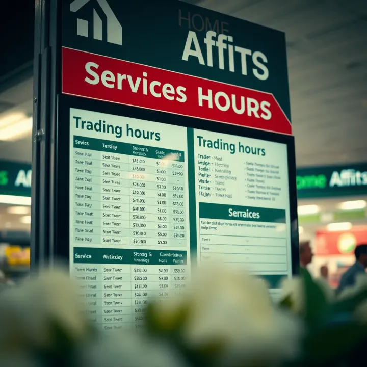Informational board displaying trading hours and services available at Home Affairs Alberton