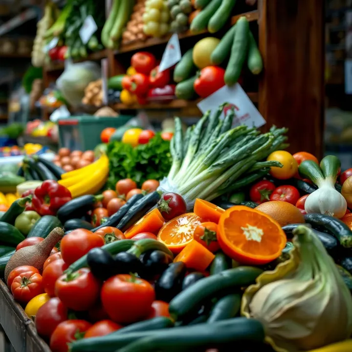 Fresh assortment of colorful fruits and vegetables displayed at a Kenilworth market stall