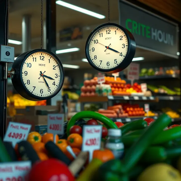 Clock indicating typical trading hours outside a Kuilsriver fruit and veg store