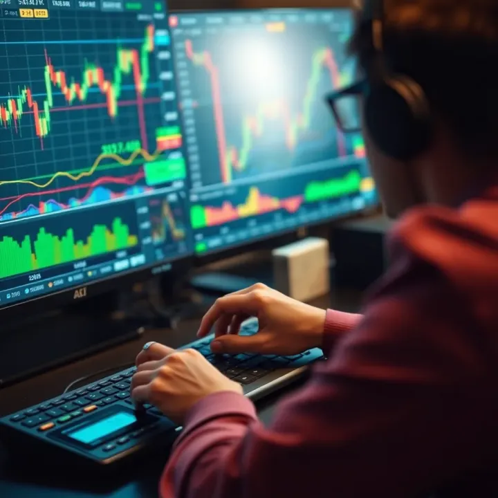 Forex trader analyzing currency market data with a digital risk management calculator on screen