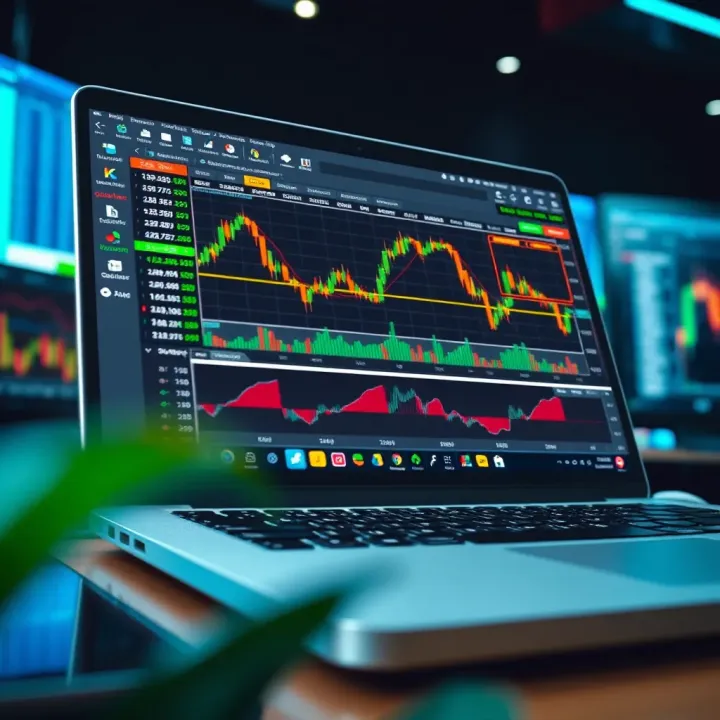 Laptop screen displaying forex trading platform with charts and indicators