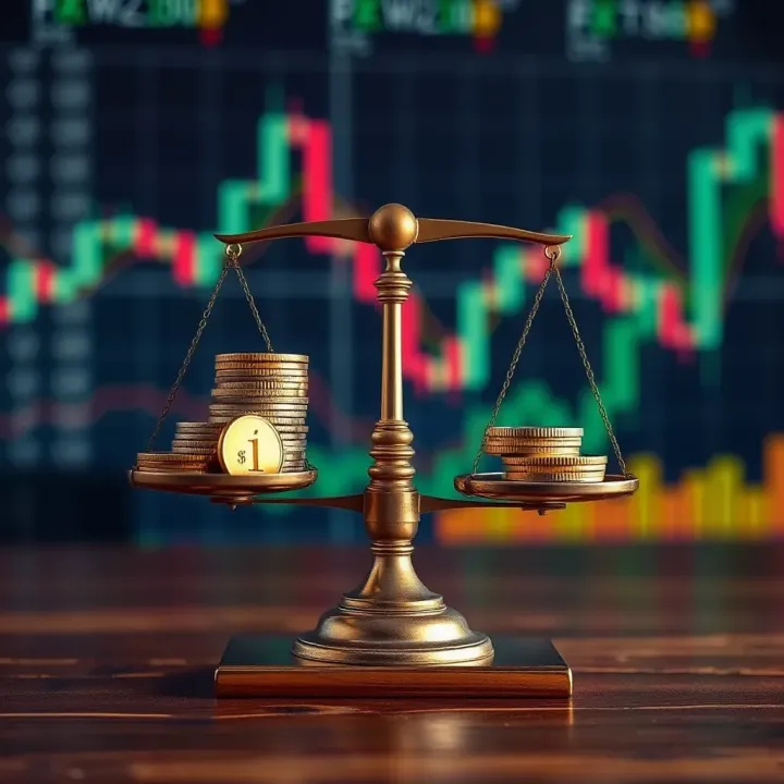 Risk management concept with balance scale weighing coins against forex trading symbols