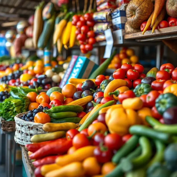 Colorful assortment of seasonal produce neatly arranged at a vendor's stall, reflecting vibrant local market atmosphere