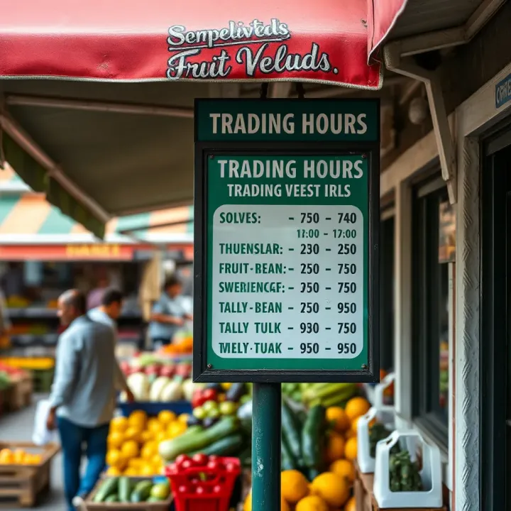 Trading Hours Signage at Somerset West Market Market sign showing trading hours for fruit and vegetable vendors in a vibrant Somerset West marketplace